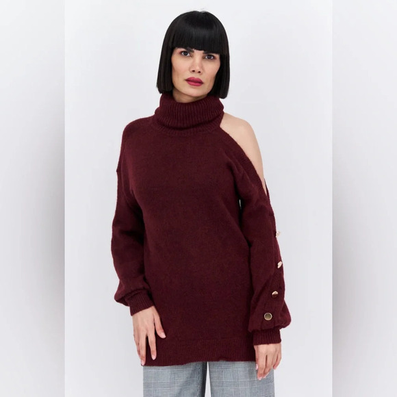 International Concepts burgundy cold shoulder metallic specks sweater chic - Picture 1 of 10